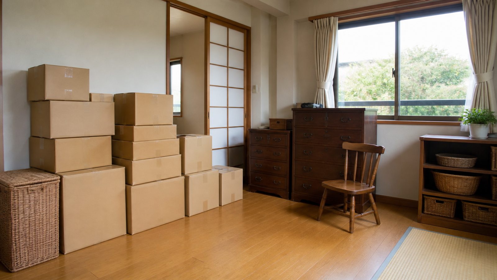 片付け中の部屋。段ボールと家具が積まれている様子