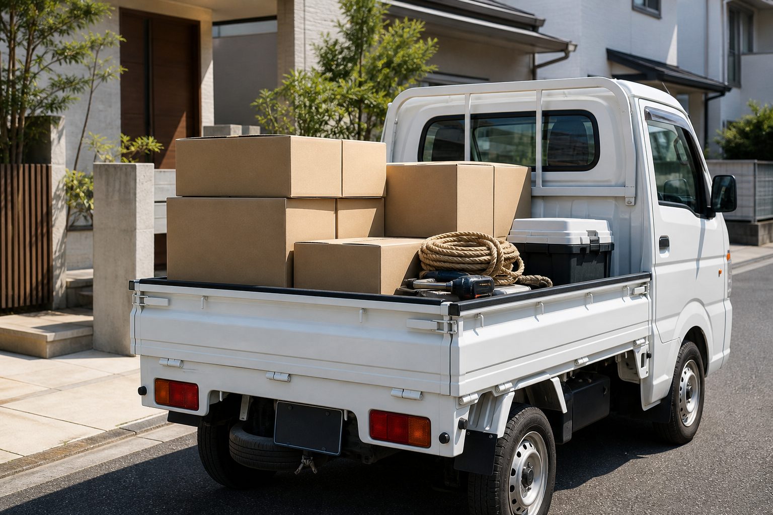日本の住宅前に停まった白い軽トラック。荷台に段ボールと作業道具・ロープが積まれている