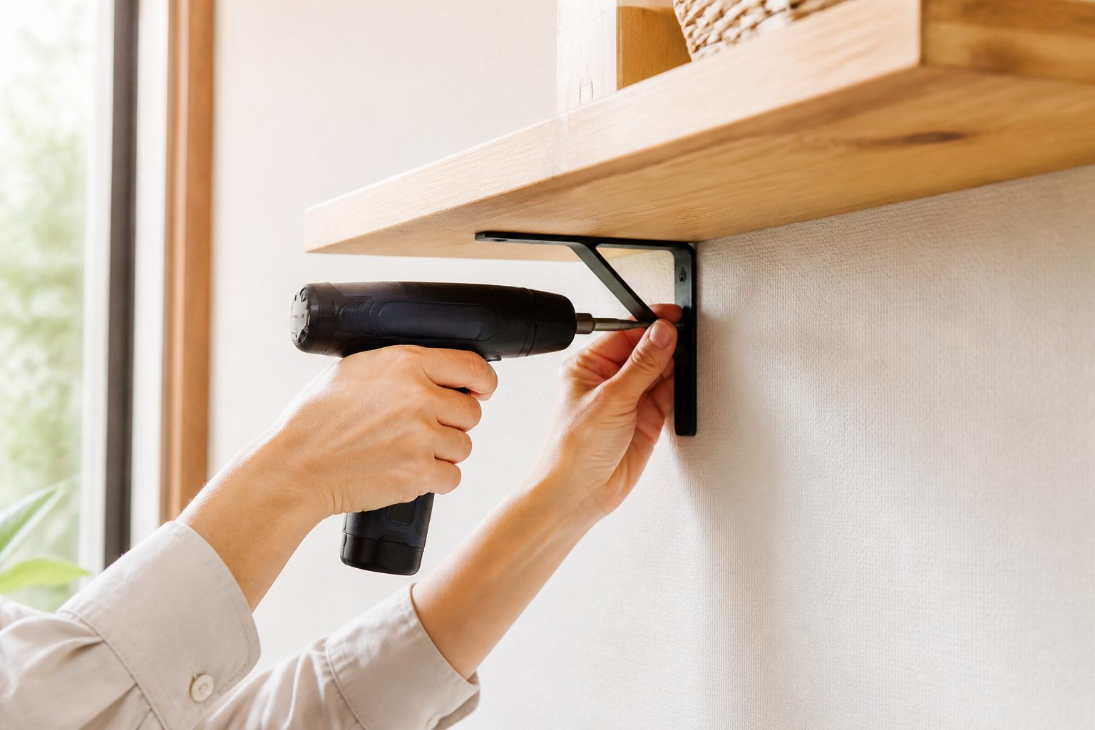 電動ドライバーで棚を取り付けている手元